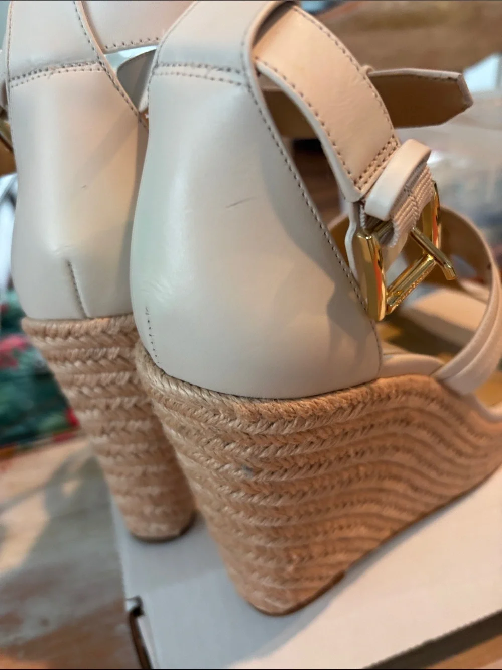 Michael Kors Cream Leather Espadrille Wedge Sandals